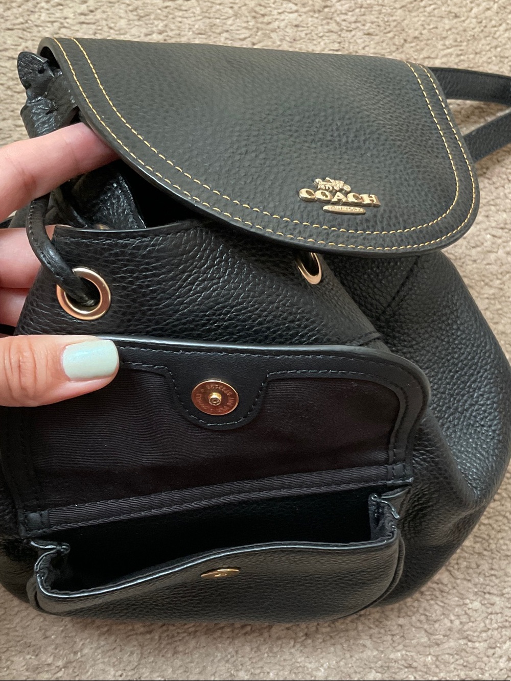 Coach Black Pebbled Leather Mini Backpack with Gold Accent - Picture 5 of 8